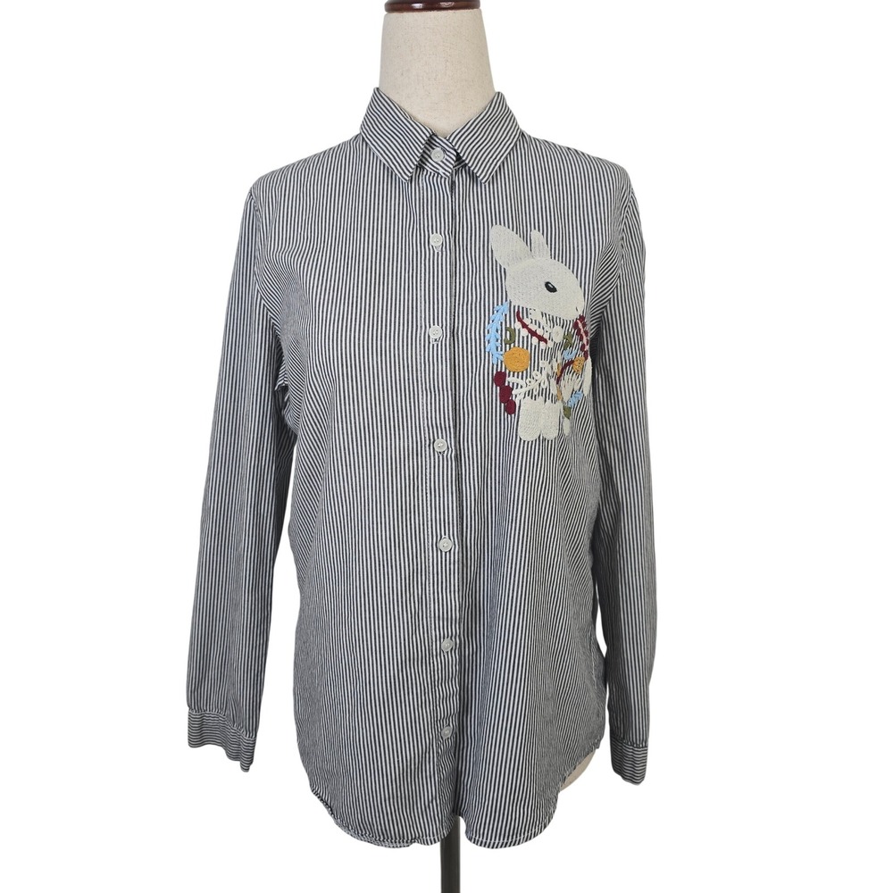 J-ne Navy Blue White Pinstripe Embroidered Bunny Rabbit Button Up Shirt Small